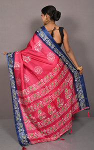 Printed Soft Semi Gicha Silk Saree in Wild Watermelon and Resolution Blue