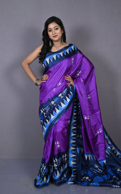 Printed Soft Semi Gicha Silk Saree in Purple, Dusky Blue and Multicolored
