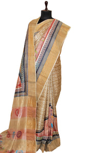 Hand Kantha Work Tussar Silk Saree in Ginger Ale, Pastel Peach, Black and Multicolored