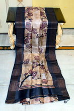Printed Soft Tussar Silk Saree in Light Taupe, Rose Taupe and Black