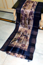 Printed Soft Tussar Silk Saree in Light Taupe, Rose Taupe and Black