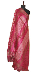 Block Printed Pure Gicha Tussar Silk Saree in Purple & Beige