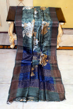 Printed Soft Tussar Silk Saree in Bettle Green, Dull Brown, Antique White and Nile Blue