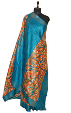 Block Printed Polka Work Pure Gicha Tussar Silk Saree in Orange, Blue & Multicolored