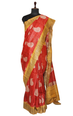 Block Printed Polka Work Pure Gicha Tussar Silk Saree in Rust, Yellow & Beige