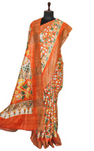 Block Printed Kalamkari Pure Gicha Tussar Silk Saree in Orange and Multicolored