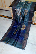 Printed Soft Tussar Silk Saree in Bettle Green, Dull Brown, Antique White and Nile Blue