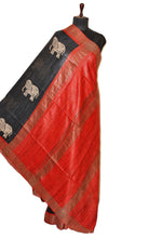 Block Printed Pure Gicha Tussar Silk Saree in Black, Rust Brown & Beige