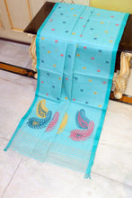 Handwoven Pure Cotton Bengal Jamdani Saree in Blizzard Blue, Medium Turquoise and Multicolored