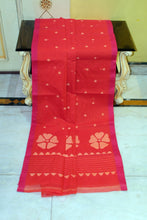 Handwoven Pure Cotton Jamdani Saree in Amaranth Red, Burnt Pink and Coral Beige