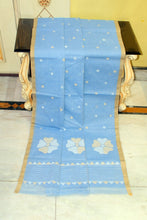 Handwoven Pure Cotton Jamdani Saree in Pastel Blue, Beige and Off White