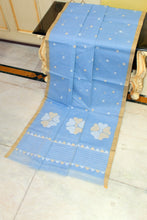 Handwoven Pure Cotton Jamdani Saree in Pastel Blue, Beige and Off White