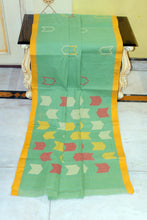 Handwoven Pure Cotton Jamdani Saree in Summer Green, Fuel Yellow and Multicolored