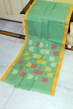 Handwoven Pure Cotton Jamdani Saree in Summer Green, Fuel Yellow and Multicolored