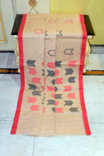 Handwoven Pure Cotton Jamdani Saree in Khaki Brown, Red and Black