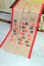 Handwoven Pure Cotton Jamdani Saree in Khaki Brown, Red and Black