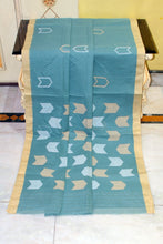 Handwoven Pure Cotton Jamdani Saree in Greyish Teal, Beige and Off White