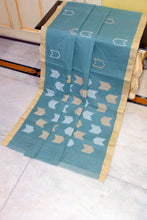 Handwoven Pure Cotton Jamdani Saree in Greyish Teal, Beige and Off White