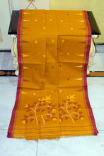 Traditional Needle Karat Work Poth Jamdani Saree in Tahiti Gold, Maroon and Beige