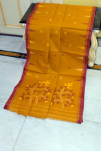 Traditional Needle Karat Work Poth Jamdani Saree in Tahiti Gold, Maroon and Beige
