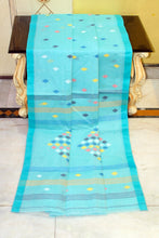 Rhombus Motif Pallu Hand Work Cotton Dhakai Jamdani Saree in Baby Blue, Topaz and Multicolored