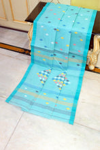 Rhombus Motif Pallu Hand Work Cotton Dhakai Jamdani Saree in Baby Blue, Topaz and Multicolored