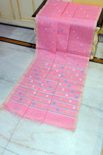 Nakshi Floral Pallu with Swatika Butta Cotton Jamdani Saree in Rose Pink, Beige, Sky Blue and Off White Thread Work