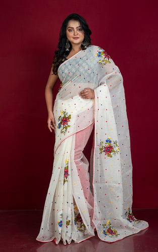 Embroidered Work on Soft Cotton Resham Woven Self Checks Saree in Off White, Red and Multicolored Thread Work