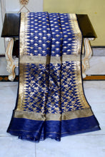 Belpata Nakshi Resham Muslin Jamdani Saree in Navy Blue and Gold