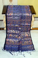 Traditional Needle Karat Work Soft Resham Jamdani Silk Saree in Navy Blue, Multicolored and Antique Golden