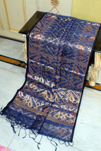 Traditional Needle Karat Work Soft Resham Jamdani Silk Saree in Navy Blue, Multicolored and Antique Golden