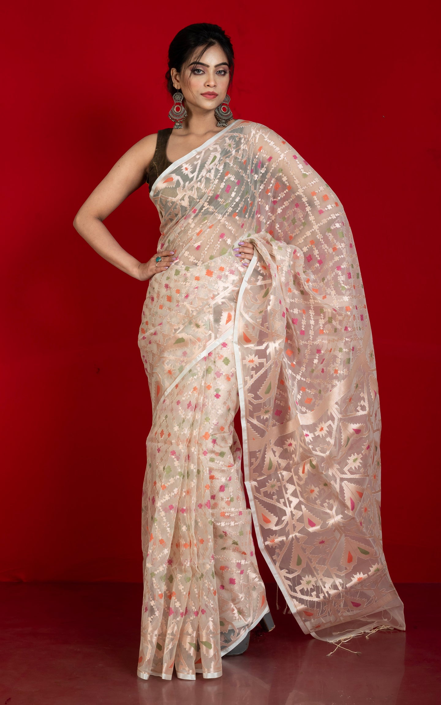 Traditional Needle Karat Work Soft Resham Jamdani Silk Saree in Vanilla, Platinum White and Antique Golden