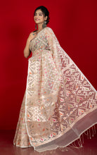 Traditional Needle Karat Work Soft Resham Jamdani Silk Saree in Vanilla, Platinum White and Antique Golden