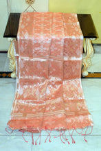 Traditional Needle Karat Work Soft Resham Jamdani Silk Saree in Peach, Platinum White and Antique Golden