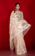 Traditional Needle Karat Work Soft Resham Jamdani Silk Saree in Vanilla, Platinum White and Antique Golden