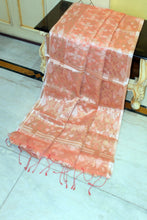 Traditional Needle Karat Work Soft Resham Jamdani Silk Saree in Peach, Platinum White and Antique Golden
