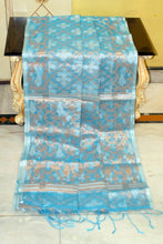 Traditional Needle Karat Work Soft Resham Jamdani Silk Saree in Glacier Blue, Platinum White and Antique Golden