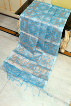 Traditional Needle Karat Work Soft Resham Jamdani Silk Saree in Glacier Blue, Platinum White and Antique Golden