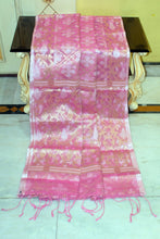 Traditional Needle Karat Work Soft Resham Jamdani Silk Saree in Soft Pink, Platinum White and Antique Golden