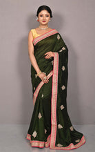 Designer Crushed Semi Crepe Silk Zardosi Saree in Rifle Green, Green, Hot Pink and Golden