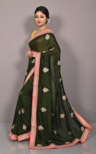 Designer Crushed Semi Crepe Silk Zardosi Saree in Rifle Green, Green, Hot Pink and Golden