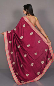 Designer Crushed Semi Cepe Silk Zardosi Saree in Pansy Purple, Green, Hot Pink and Golden