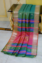 Biswa Bangla Bishnupuri Semi Katan Silk Saree in Elm Green, Mulberry, Royal Blue and Golden