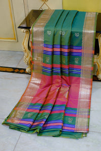 Biswa Bangla Bishnupuri Semi Katan Silk Saree in Elm Green, Mulberry, Royal Blue and Golden