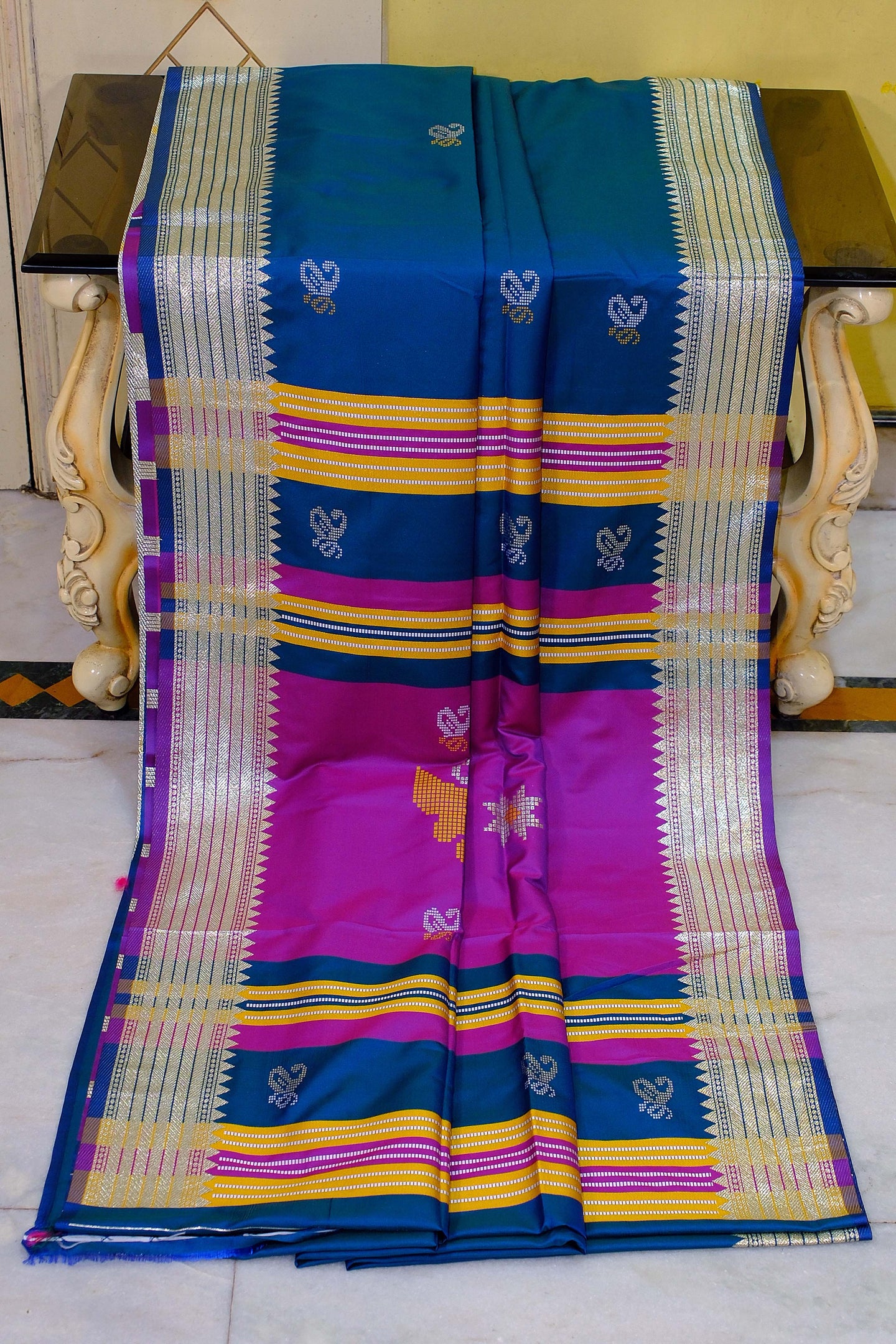 Biswa Bangla Bishnupuri Semi Katan Silk Saree in Prussian Blue, Dark Purple and Pale Golden