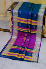 Biswa Bangla Bishnupuri Semi Katan Silk Saree in Prussian Blue, Dark Purple and Pale Golden