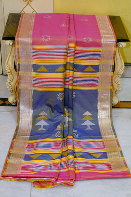 Biswa Bangla Bishnupuri Semi Katan Silk Saree in Mulberry Peach, Astronaut Blue and Pale Golden