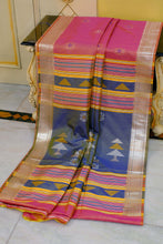 Biswa Bangla Bishnupuri Semi Katan Silk Saree in Mulberry Peach, Astronaut Blue and Pale Golden