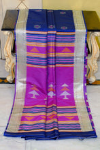 Biswa Bangla Bishnupuri Semi Katan Silk Saree in Regal Blue, Dark Orchid and Pale Golden