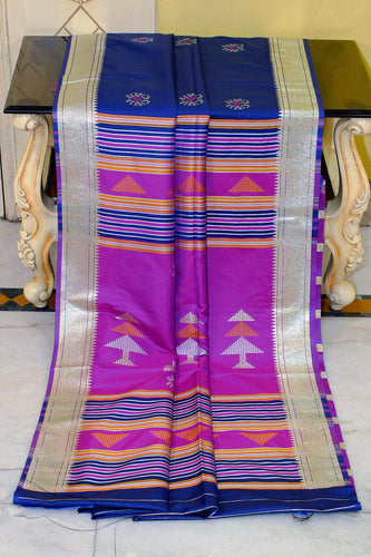 Biswa Bangla Bishnupuri Semi Katan Silk Saree in Regal Blue, Dark Orchid and Pale Golden